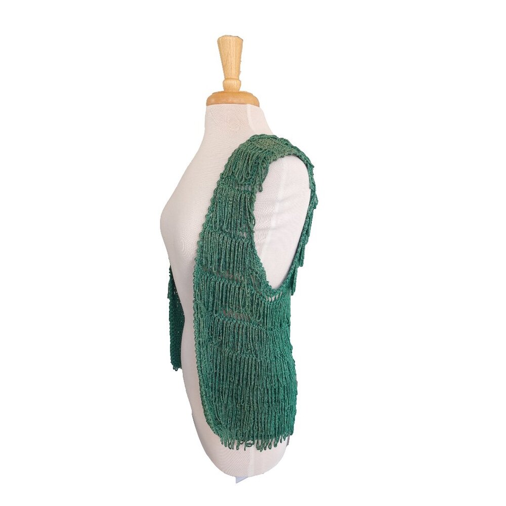 Vintage - SAKS FIFTH AVENUE - mid-century Rayon Green Loop-Fringe Vest - Medium